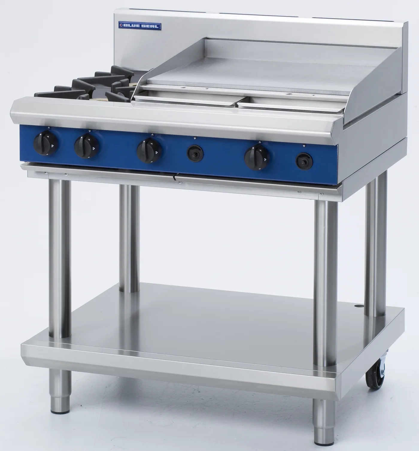 Blue Seal Evolution Series 900mm Gas Griddle & Burner Cooktop (Open Stand with Shelf)