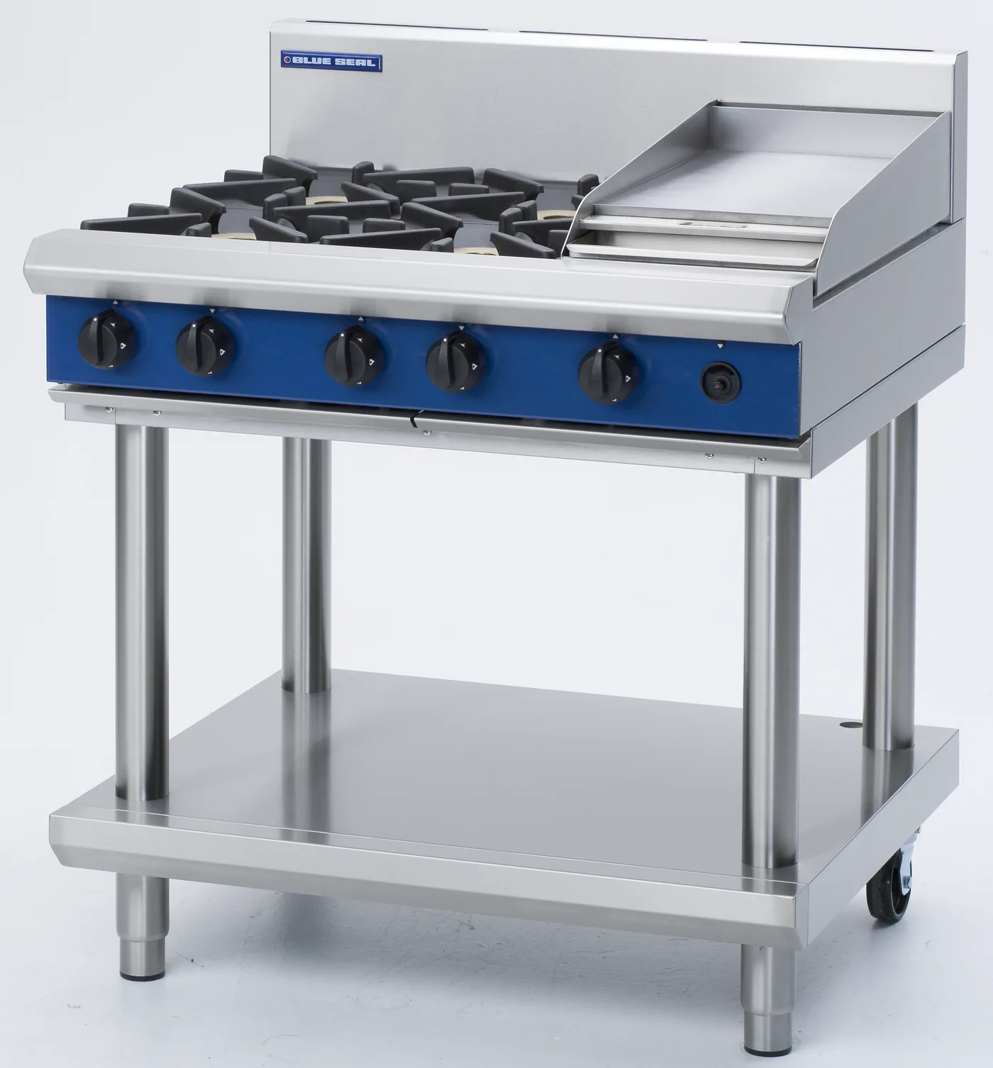 Blue Seal Evolution Series 900mm Gas 4-Burner Griddle Cooktop (Open Stand with Shelf)