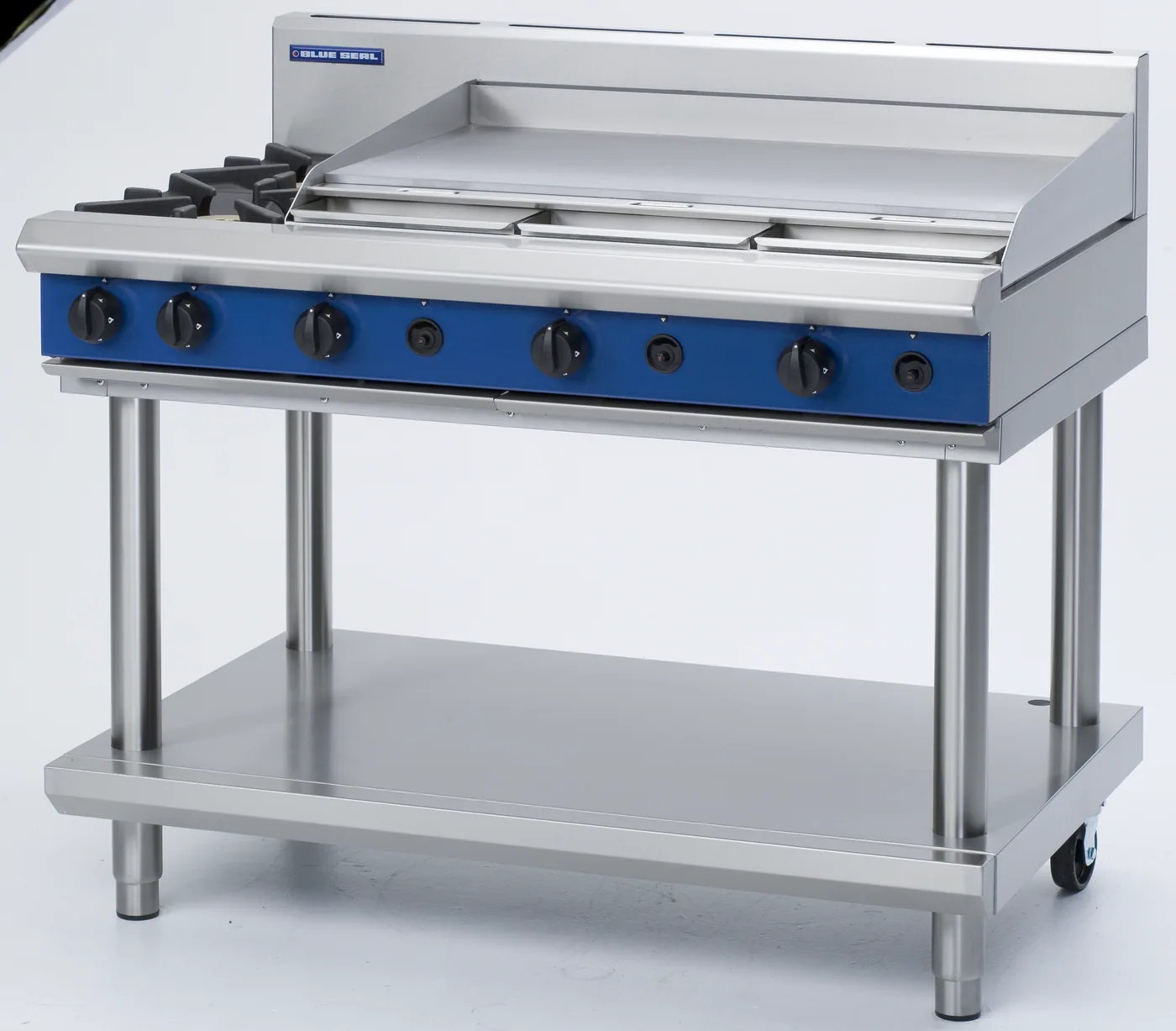 Blue Seal Evolution Series 1200mm Gas Griddle & Burner Cooktop (Open Stand with Shelf)
