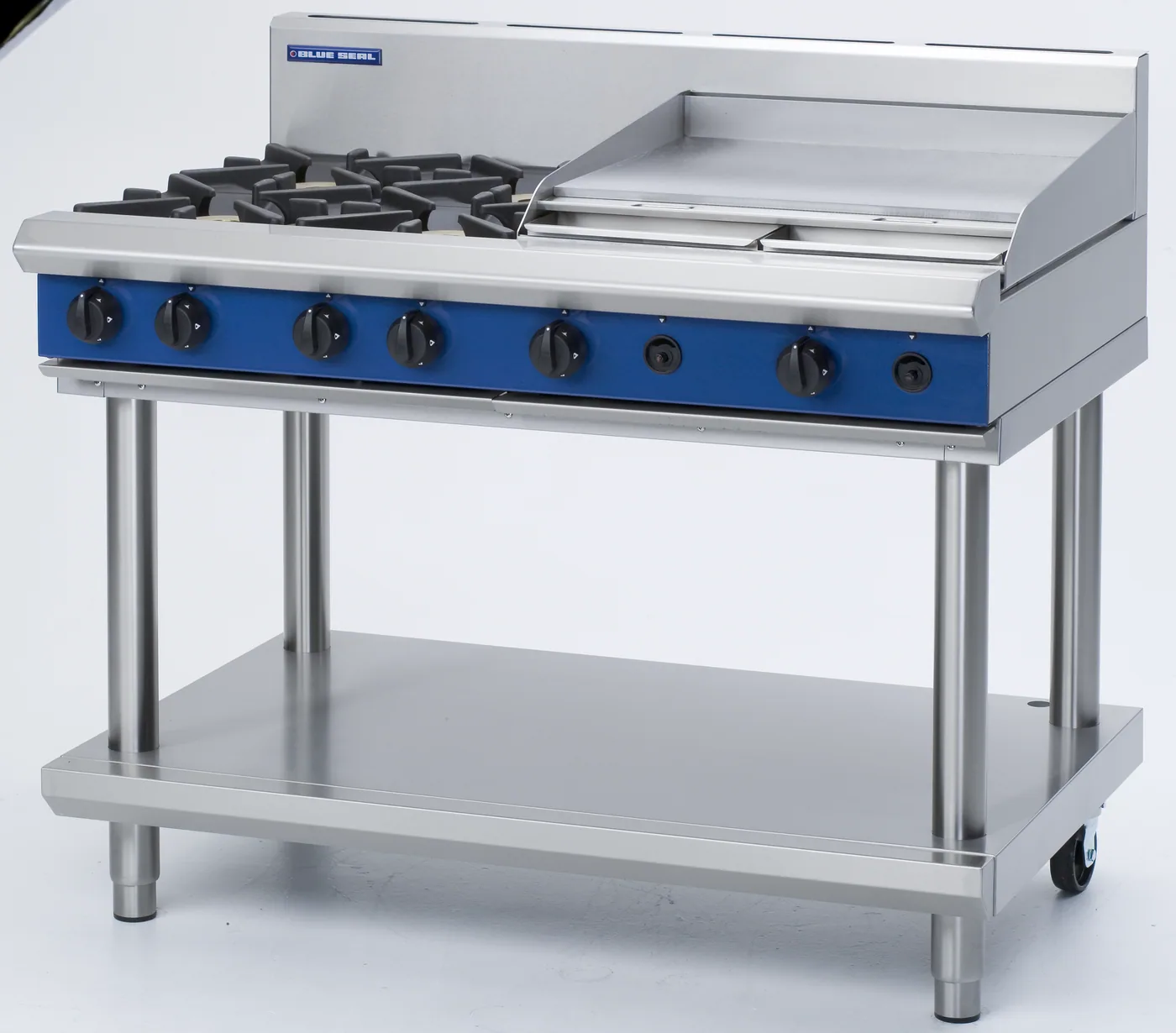Blue Seal Evolution Series 1200mm Gas 4-Burner Griddle Cooktop (Open Stand with Shelf)