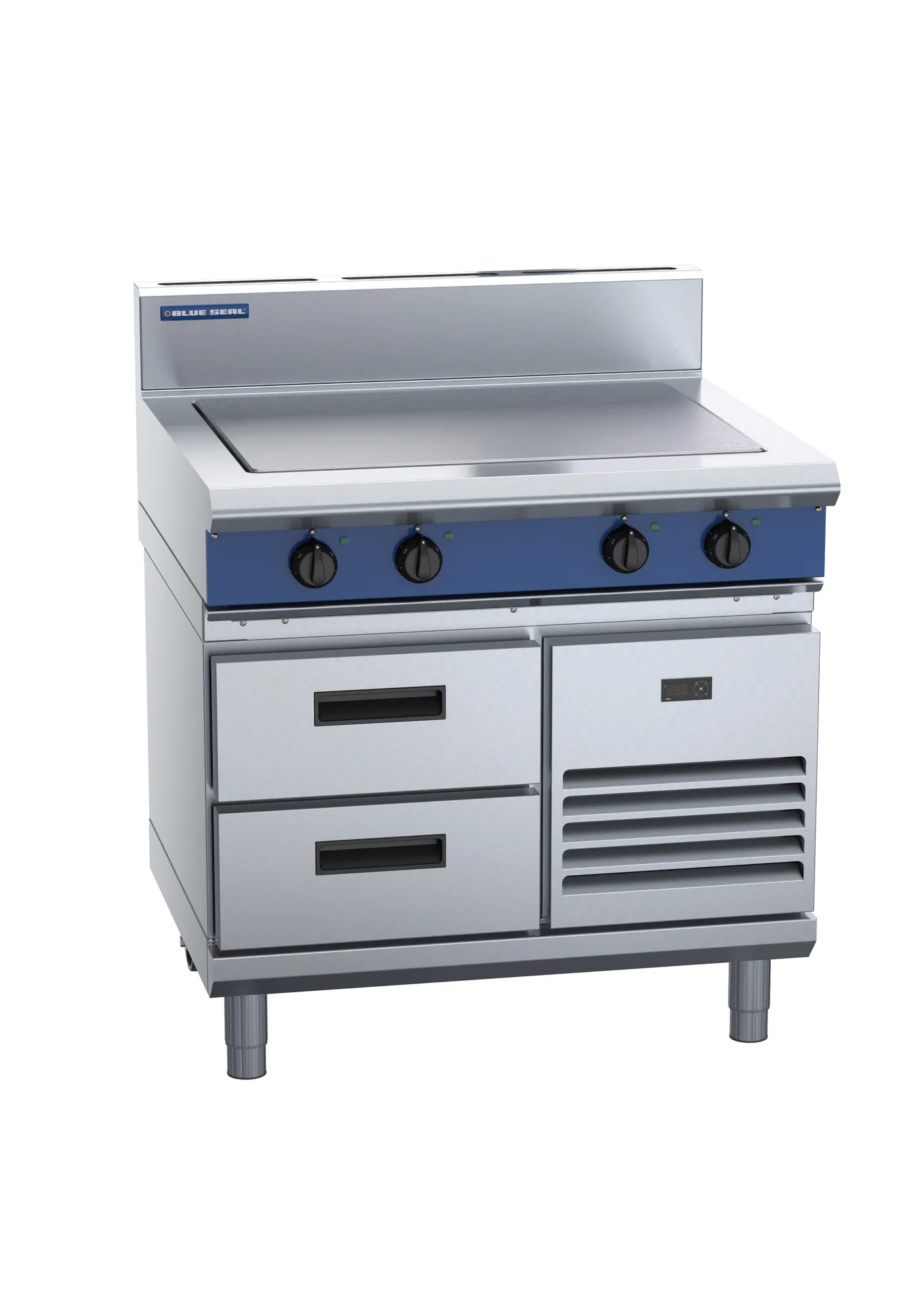 Blue Seal 900mm Electric Solid Top Hob, Refrigerated Two-Drawer Base