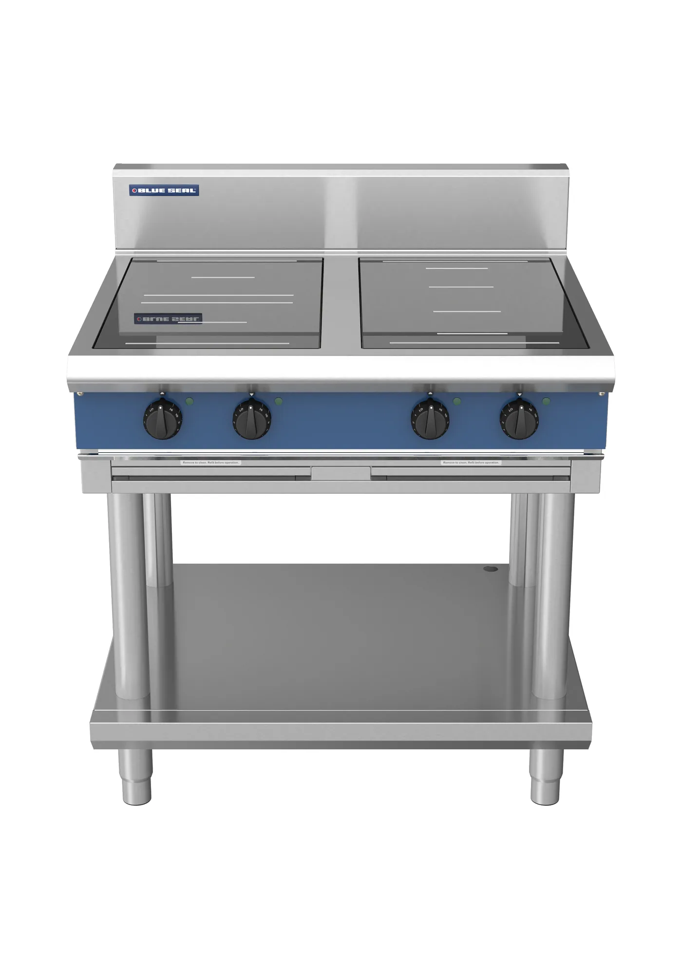 Blue Seal 900mm Induction 4 Zone Range (2 Round, 2 Full), 20kW Leg Stand