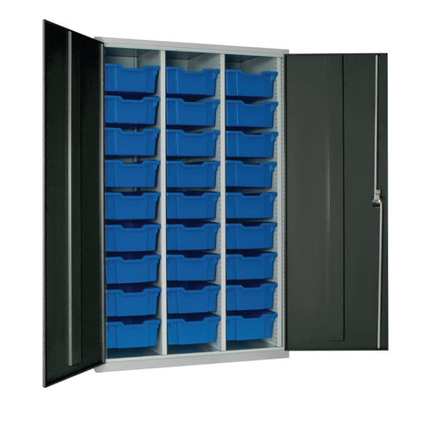 27 Tray High-Capacity Storage Cupboard - Dark Grey with Blue Trays