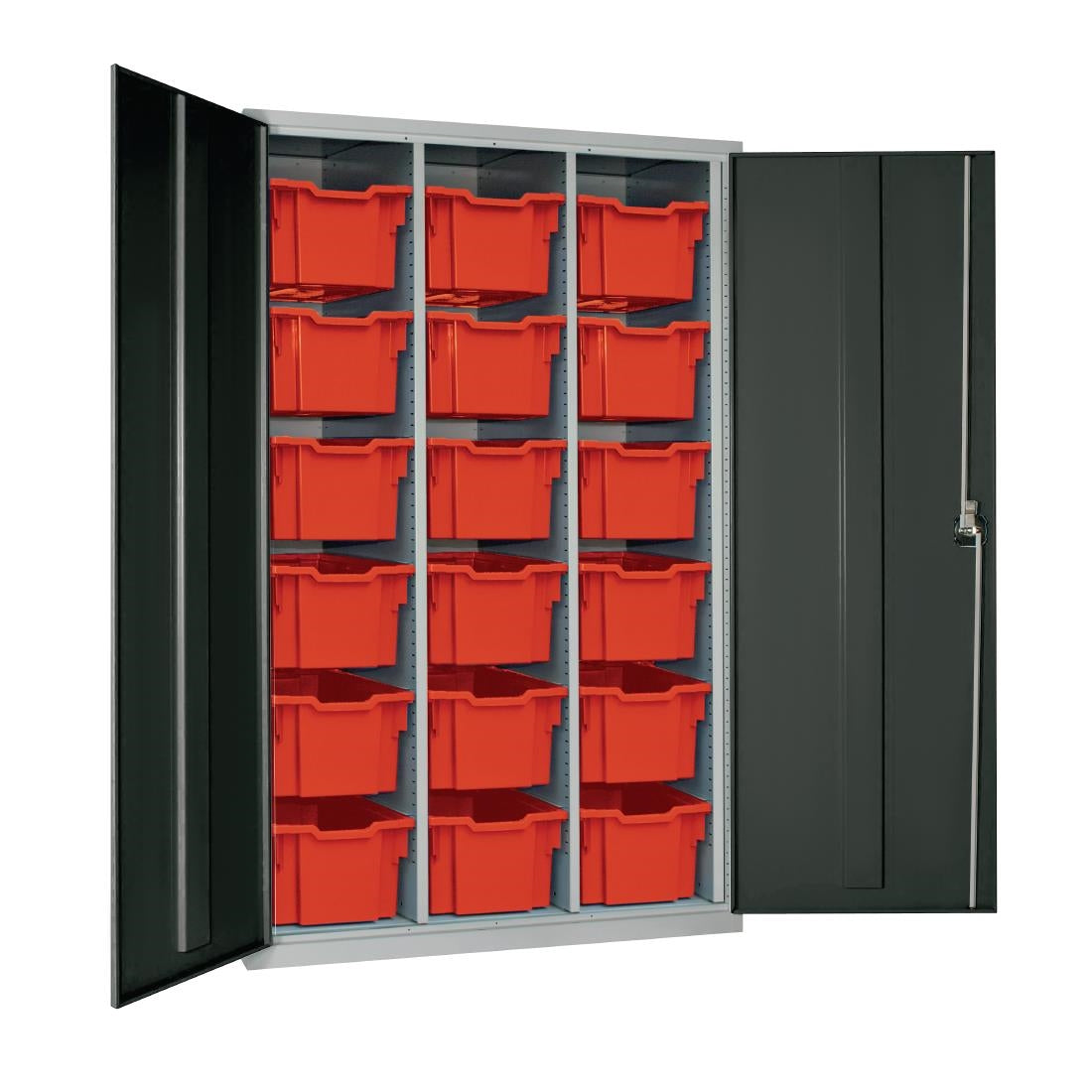 18 Tray High-Capacity Storage Cupboard - Dark Grey with Red Trays