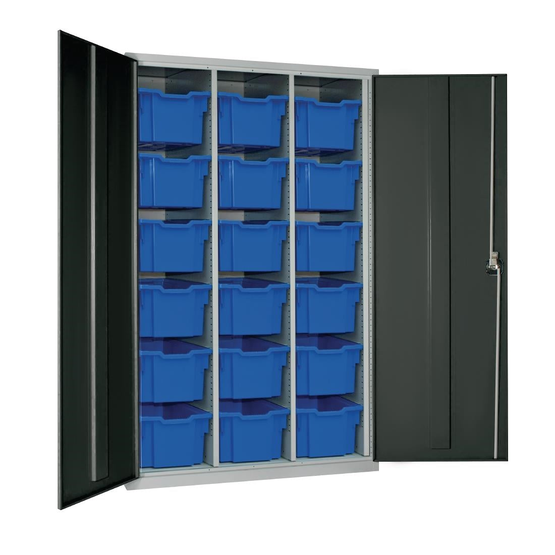 18 Tray High-Capacity Storage Cupboard - Dark Grey with Blue Trays